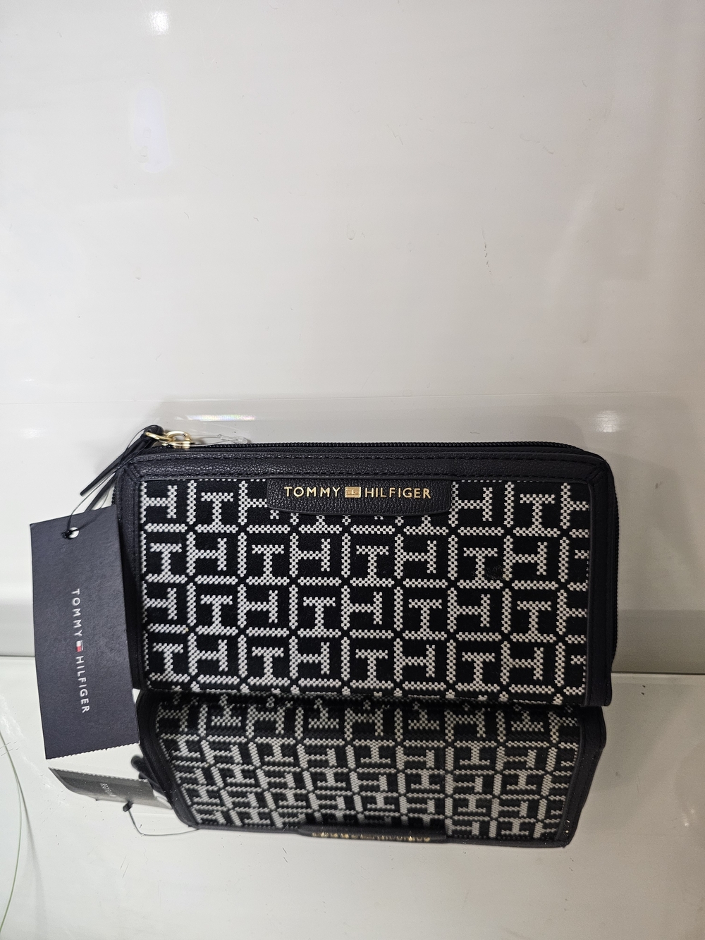 Tommy Hilfiger Black and White Monogram Zip Wallet